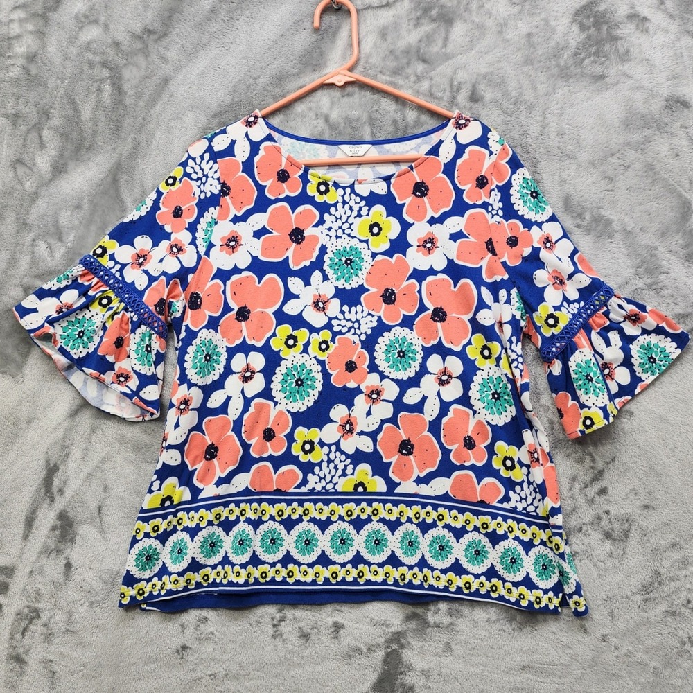 Crown & Ivy Top Womens‎ LP PETITE Blue Floral Ruffled Bell Sleeve Pullover Knit